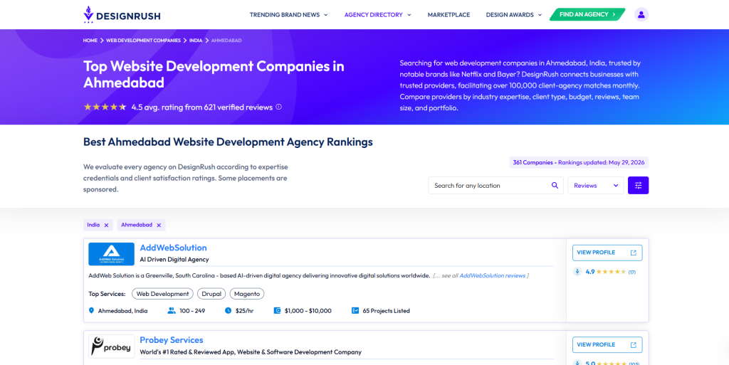 DesignRush Recognizes AddWeb Solution Among Top 10 Web Development Companies in Ahmedabad